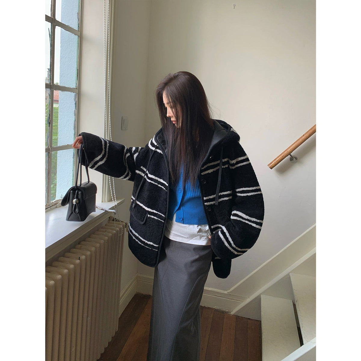 Fireladyfur Clothing Women's Fashion - Women's Clothing - Jackets & Coats - Real Fur White Stripe Black / S（4-6） Snowy New Year Merino Sheepskin Lamb Wool Striped Jacket