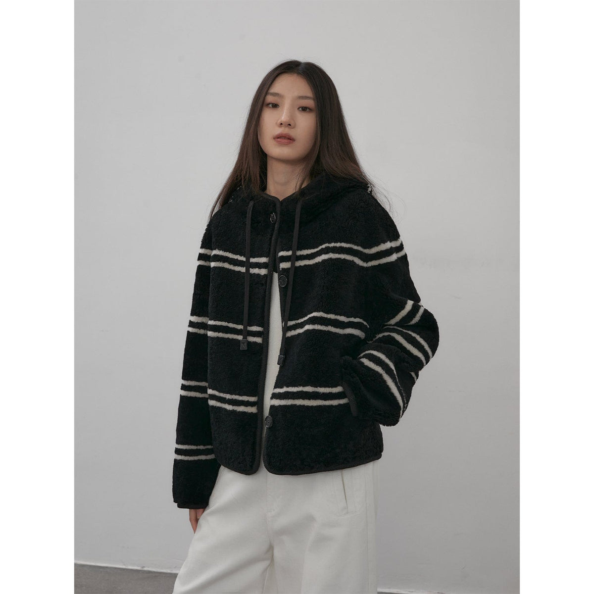 Fireladyfur Clothing Women's Fashion - Women's Clothing - Jackets & Coats - Real Fur White Stripes-Short / S（4-6） Snowy New Year Merino Sheepskin Lamb Wool Striped Jacket