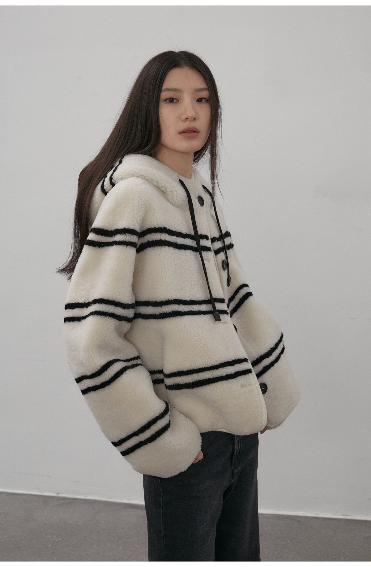 Fireladyfur Clothing Women's Fashion - Women's Clothing - Jackets & Coats - Real Fur White with black stripes-Short / S（4-6） Snowy New Year Merino Sheepskin Lamb Wool Striped Jacket