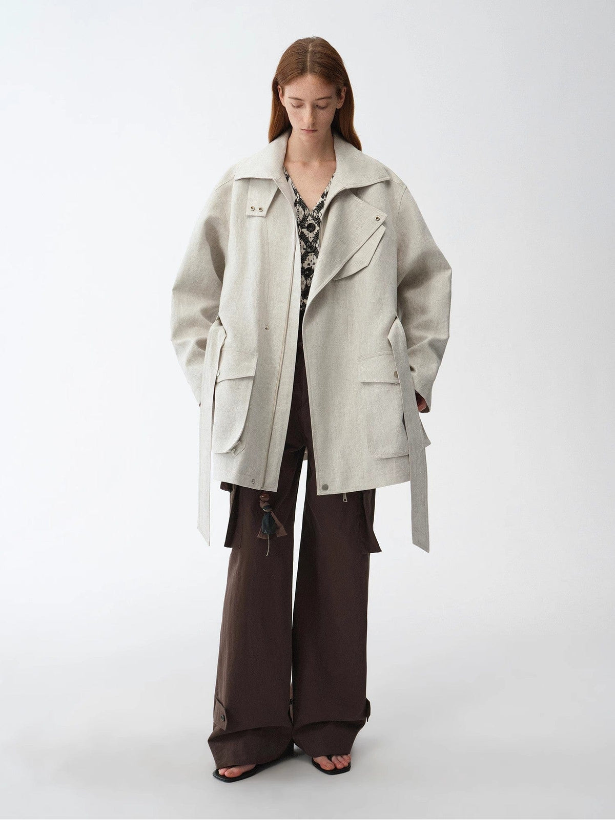 Fireladyfur Clothing Women's Fashion - Women's Clothing - Jackets & Coats - Wool & Blends "Flynn Magazine" Relaxed Gold Linen Blend Lace-Up Mid-Length Trench Coat Spring