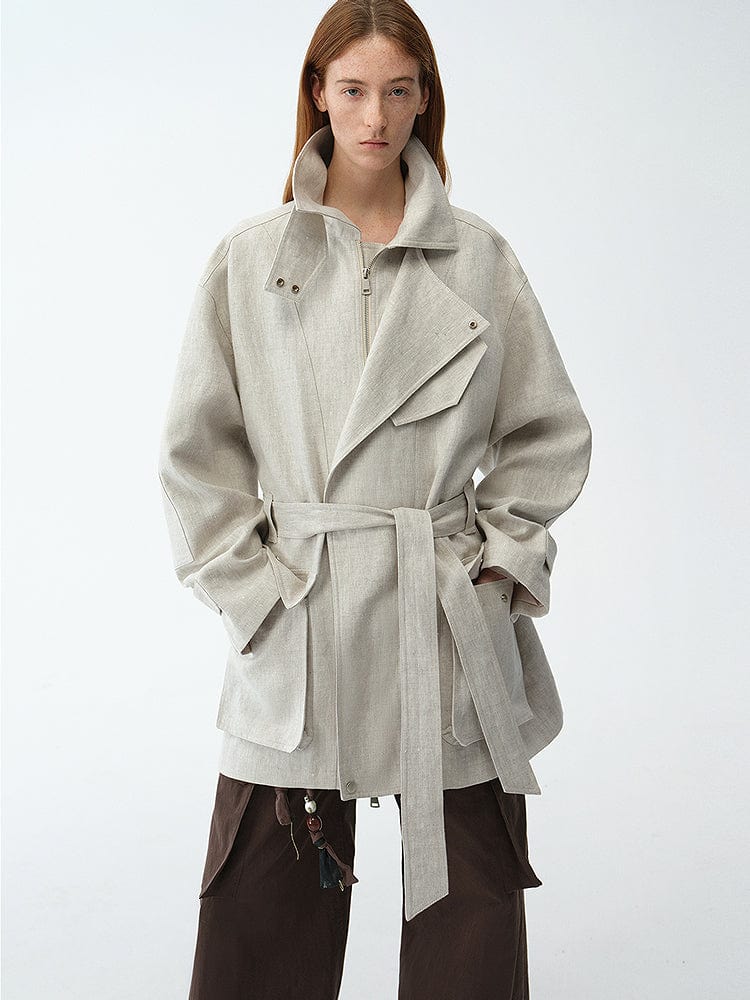 Fireladyfur Clothing Women's Fashion - Women's Clothing - Jackets & Coats - Wool & Blends "Flynn Magazine" Relaxed Gold Linen Blend Lace-Up Mid-Length Trench Coat Spring