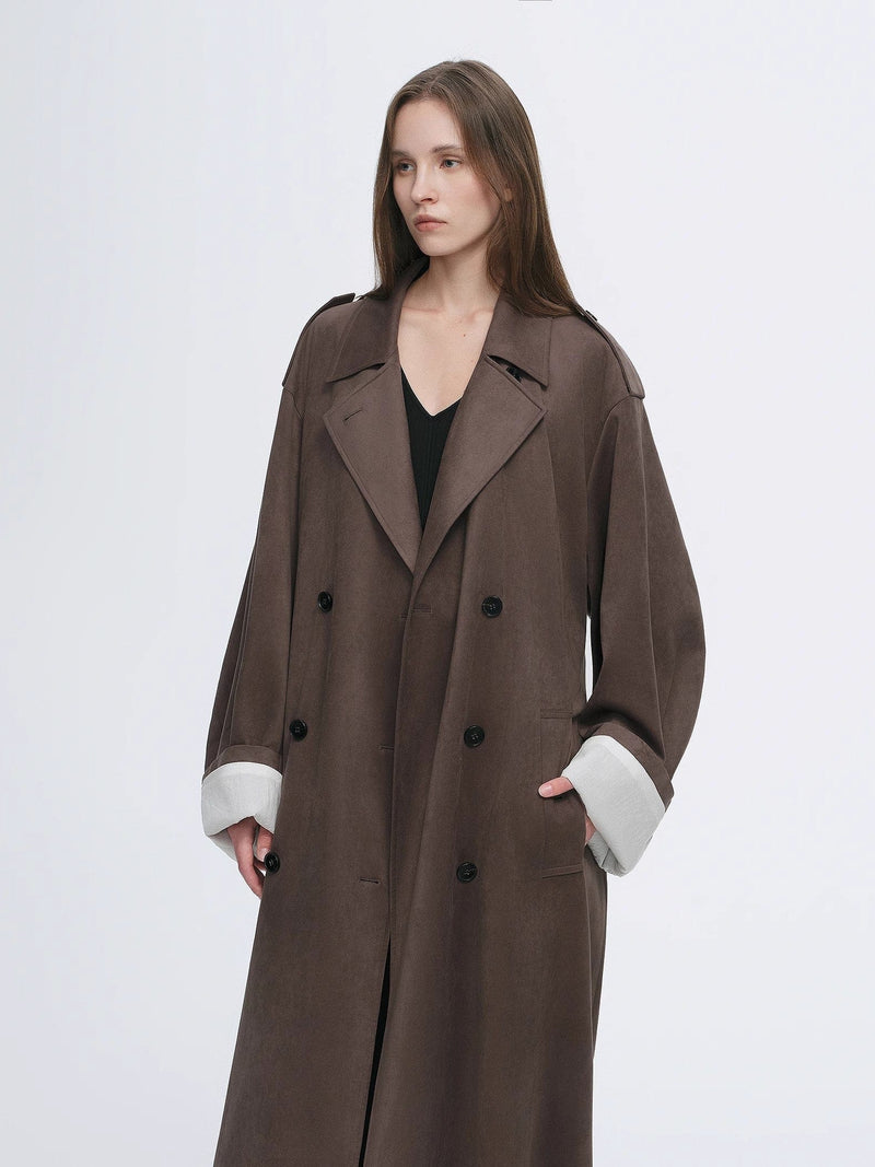 Fireladyfur Clothing Women's Fashion - Women's Clothing - Jackets & Coats - Wool & Blends "Line Walker" Matte Micro-Velvet Drape Classic Elegant Double-Breasted Straight Long Trench Coat