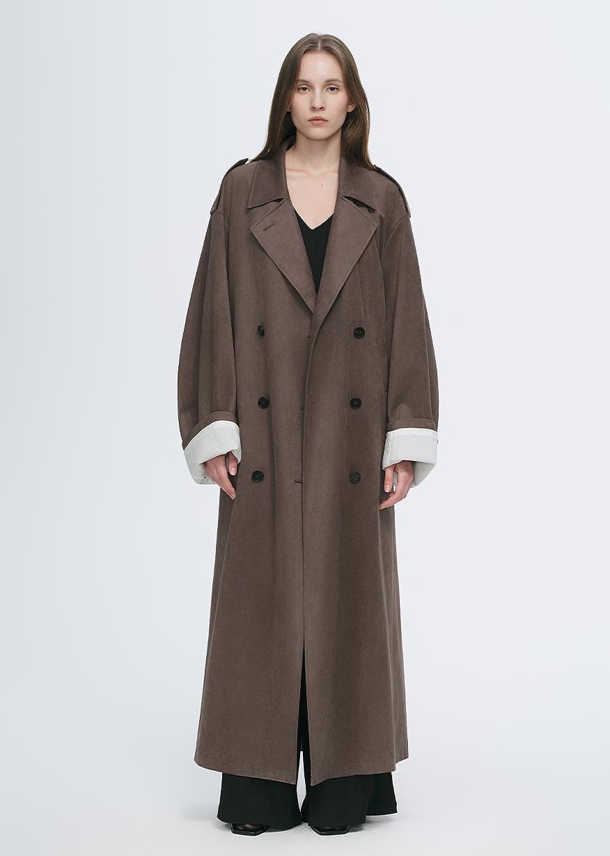 Fireladyfur Clothing Women's Fashion - Women's Clothing - Jackets & Coats - Wool & Blends "Line Walker" Matte Micro-Velvet Drape Classic Elegant Double-Breasted Straight Long Trench Coat
