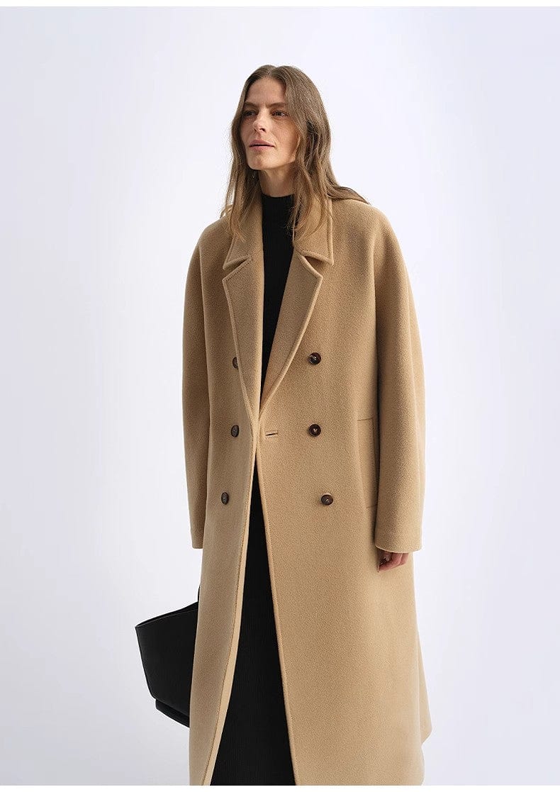 Fireladyfur Clothing Women's Fashion - Women's Clothing - Jackets & Coats - Wool & Blends "Lonely Sandbank" Sheep Wool Cashmere Blend Classic Tie Shoulder Sleeve Double-Breasted Coat Jacket Women