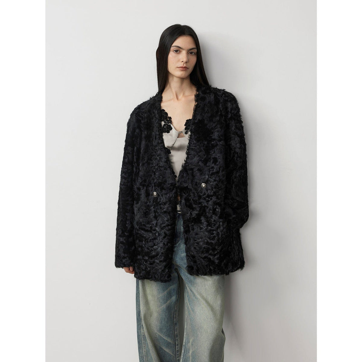 Fireladyfur Clothing Women's Fashion - Women's Clothing - Jackets & Coats - Wool & Blends S（4-6） / Black Blizzard Urban Luxury Two-Color Buff Lamb Coat