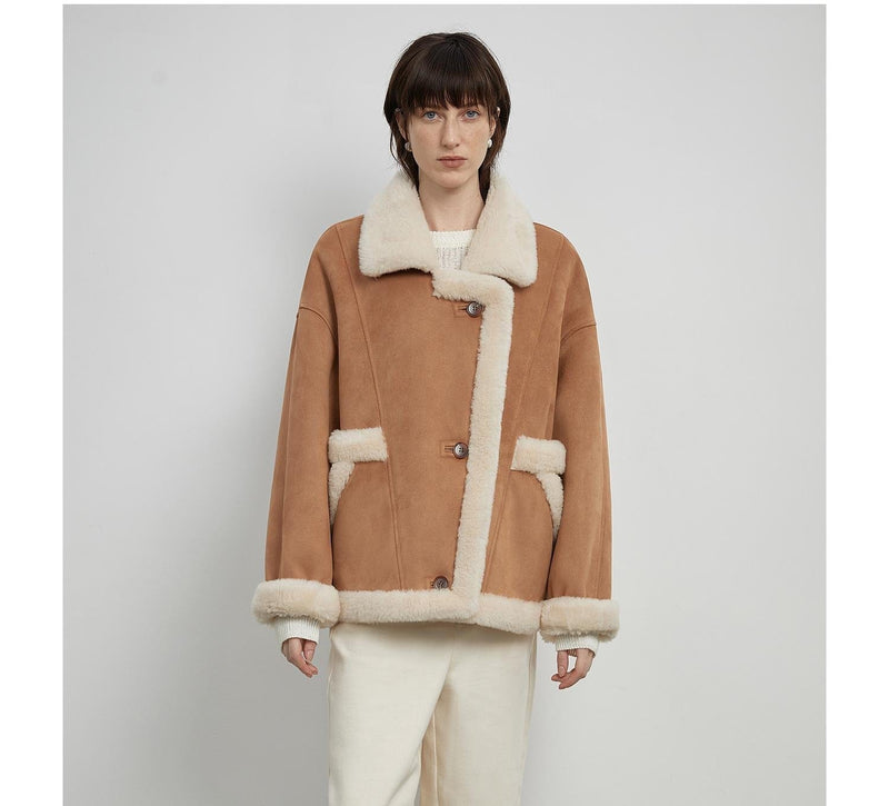 Fireladyfur Clothing Women's Fashion - Women's Clothing - Jackets & Coats - Wool & Blends S（4-6） / Caramel “Shepherds” Lapel Biker Wind Wool Artificial Compound Suede Shearling Coat  Female