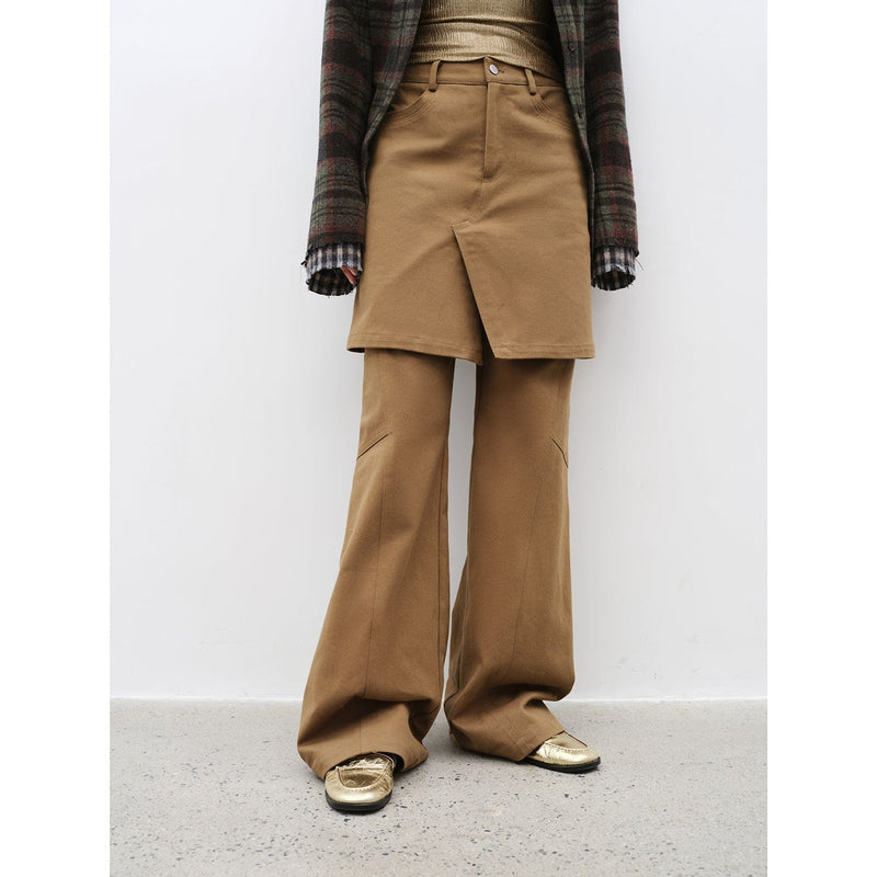 Fireladyfur Clothing Women's Fashion - Women's Clothing - Jeans - Straight Jeans "Culotte Declaration" Retro Split Design Fake Two-Piece Twill Brushed Slightly Flared Slim Jeans