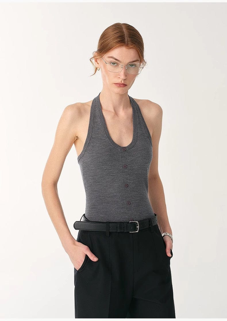 Fireladyfur Clothing Women's Fashion - Women's Clothing - Suits & Sets - Women's Sets German Yangzi 48S Machine Washable Wool All-Match Halter Neck Jumpsuit for Women