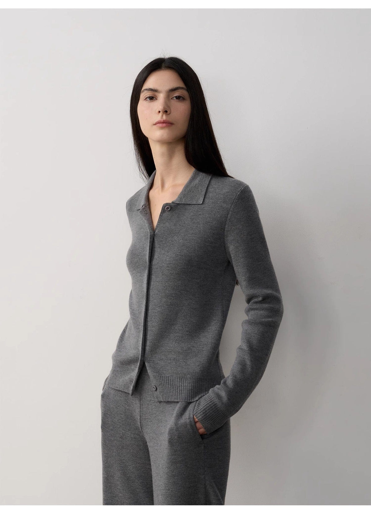 Fireladyfur Clothing Women's Fashion - Women's Clothing - Suits & Sets - Women's Sets "Lazy Urban" Yangtze Merino Wool Polo-Neck Cardigan Straight-Leg Knitted Pants Suit