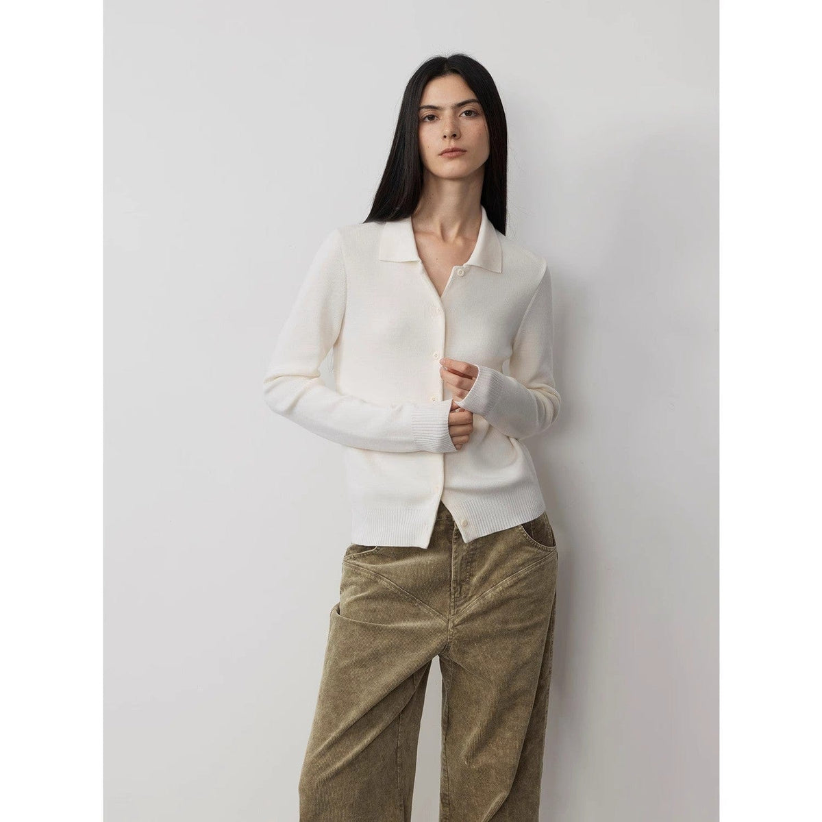 Fireladyfur Clothing Women's Fashion - Women's Clothing - Suits & Sets - Women's Sets "Lazy Urban" Yangtze Merino Wool Polo-Neck Cardigan Straight-Leg Knitted Pants Suit