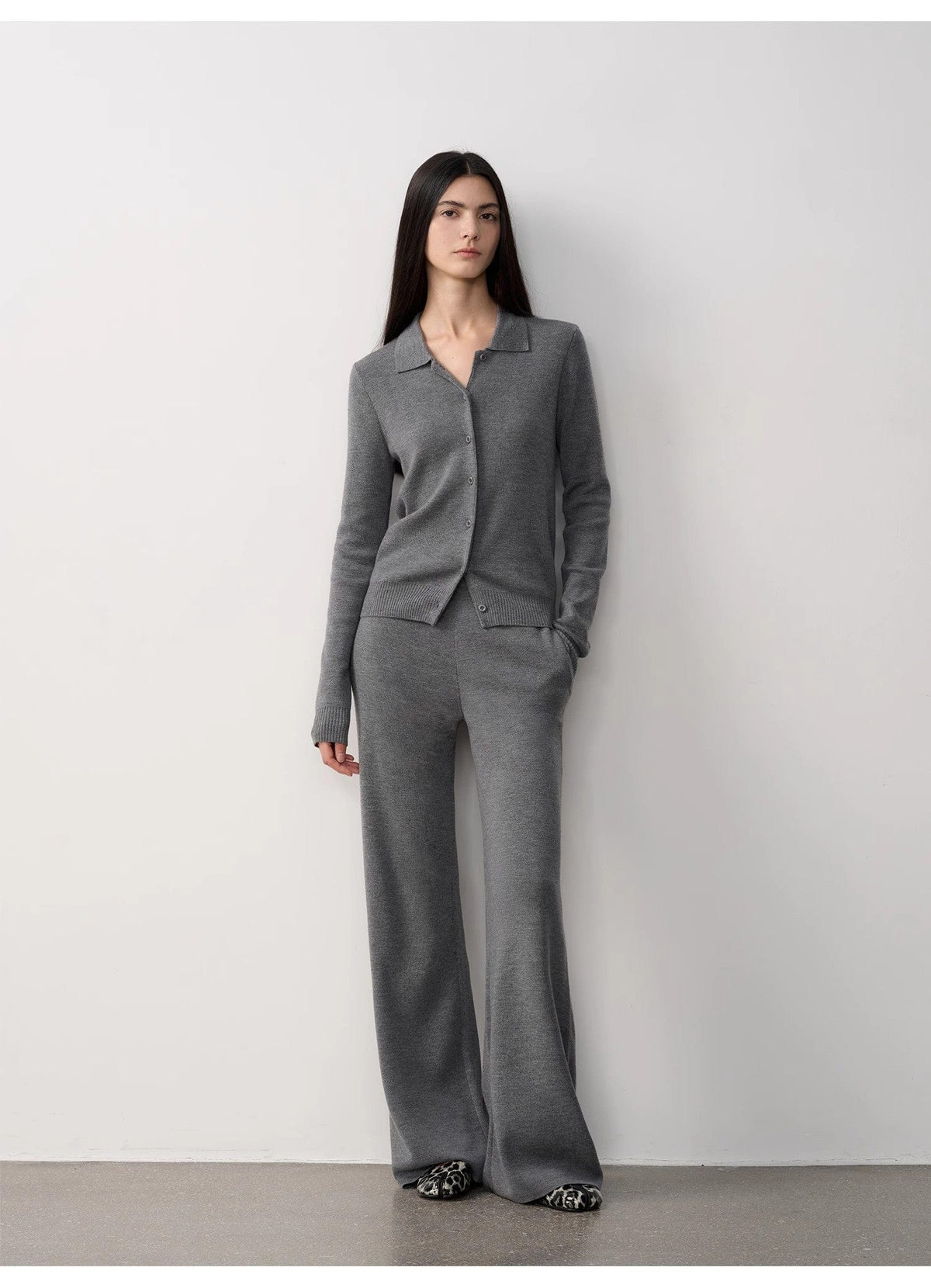 Fireladyfur Clothing Women's Fashion - Women's Clothing - Suits & Sets - Women's Sets S（4-6） / Floral Gray Sets（Top+Pants） "Lazy Urban" Yangtze Merino Wool Polo-Neck Cardigan Straight-Leg Knitted Pants Suit