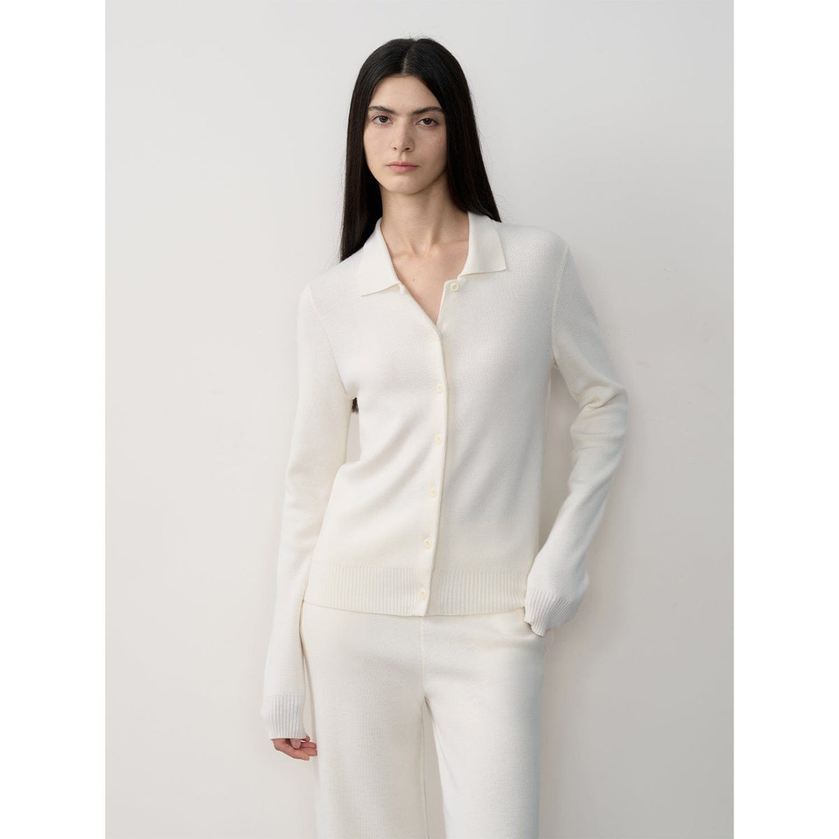 Fireladyfur Clothing Women's Fashion - Women's Clothing - Suits & Sets - Women's Sets S（4-6） / Off-White-Top "Lazy Urban" Yangtze Merino Wool Polo-Neck Cardigan Straight-Leg Knitted Pants Suit