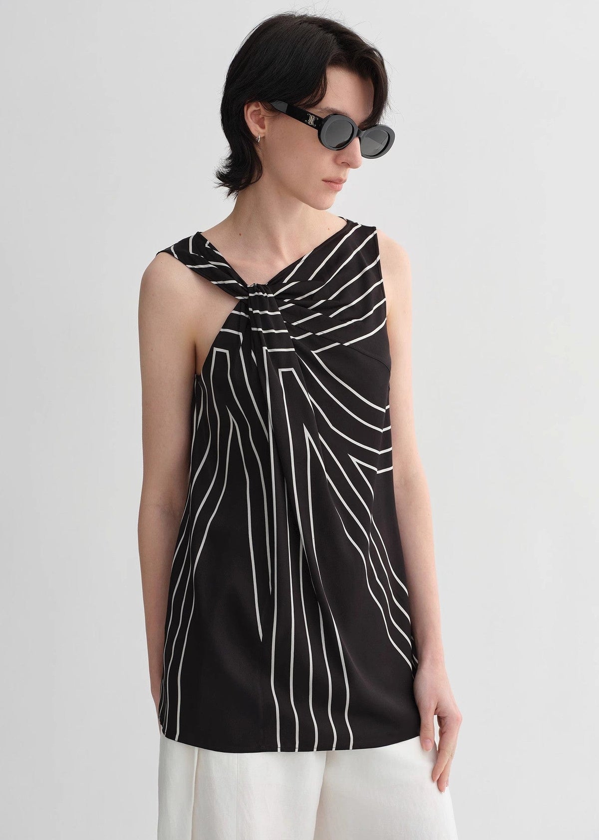 Fireladyfur Clothing Women's Fashion - Women's Clothing - Tops & Tees - Camis Elastic Silk Twisted Collar Original Geometric Print Slim Fit Multi-Occasion T-Shirt Sleeveless Vest for Women