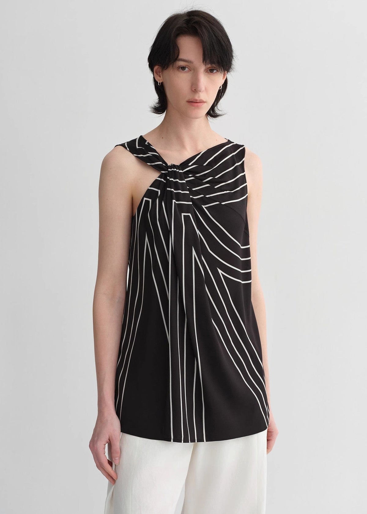 Fireladyfur Clothing Women's Fashion - Women's Clothing - Tops & Tees - Camis Elastic Silk Twisted Collar Original Geometric Print Slim Fit Multi-Occasion T-Shirt Sleeveless Vest for Women