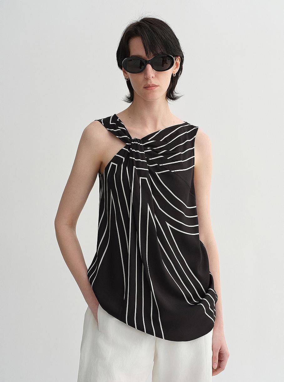 Fireladyfur Clothing Women's Fashion - Women's Clothing - Tops & Tees - Camis S（4-6） / Beige Print On Black Elastic Silk Twisted Collar Original Geometric Print Slim Fit Multi-Occasion T-Shirt Sleeveless Vest for Women