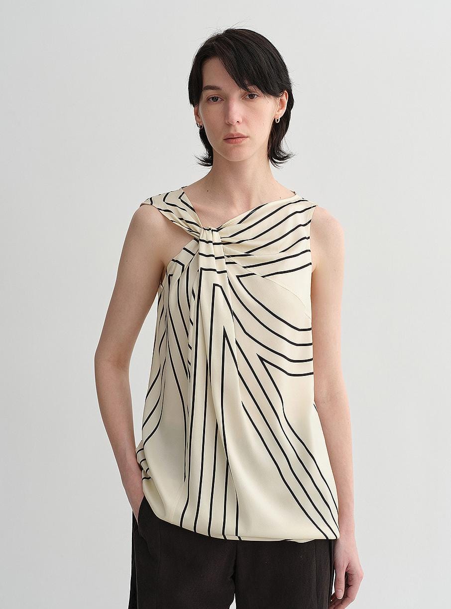 Fireladyfur Clothing Women's Fashion - Women's Clothing - Tops & Tees - Camis S（4-6） / Black Print On Beige Elastic Silk Twisted Collar Original Geometric Print Slim Fit Multi-Occasion T-Shirt Sleeveless Vest for Women