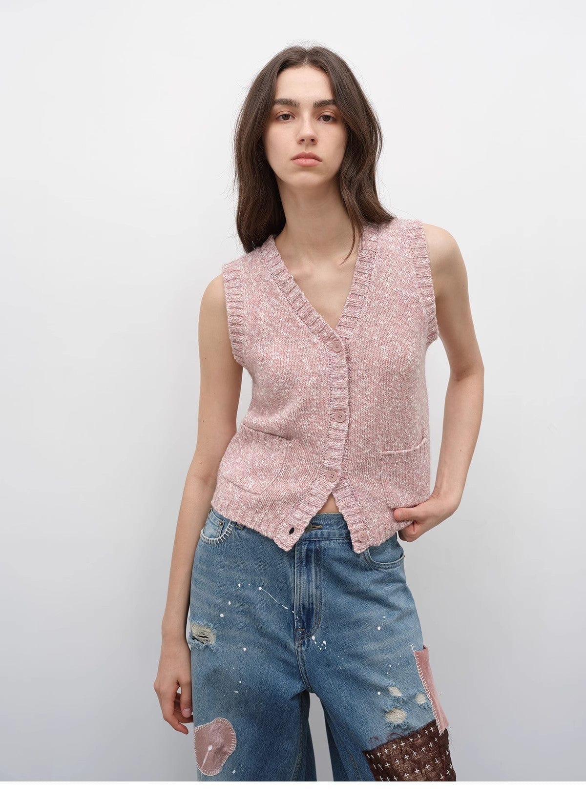 Fireladyfur Clothing Women's Fashion - Women's Clothing - Tops & Tees - Camis "Stacking Rehearsal" Fashionable Vintage Style Layering Artifact Wool Blend Dotted V-Neck Knitted Vest for Autumn