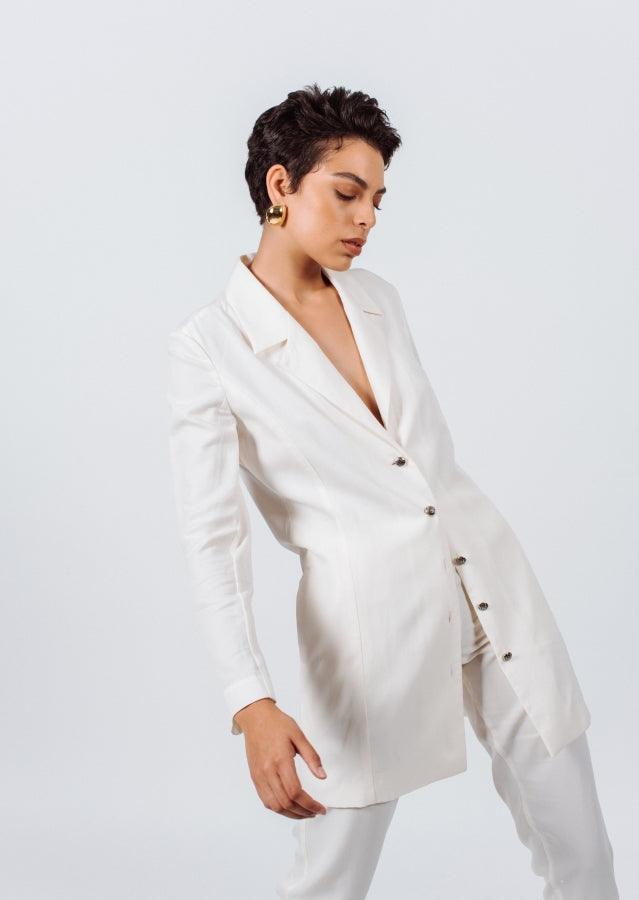 Le Réussi Women's Blazer Women's Linen Long Jacket in White | Le Réussi