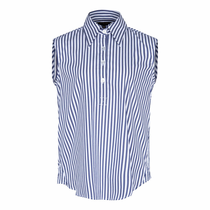 Le Réussi Women's Blouse Italian Cotton Blue Stripe Sleeveless Shirt | Le Réussi