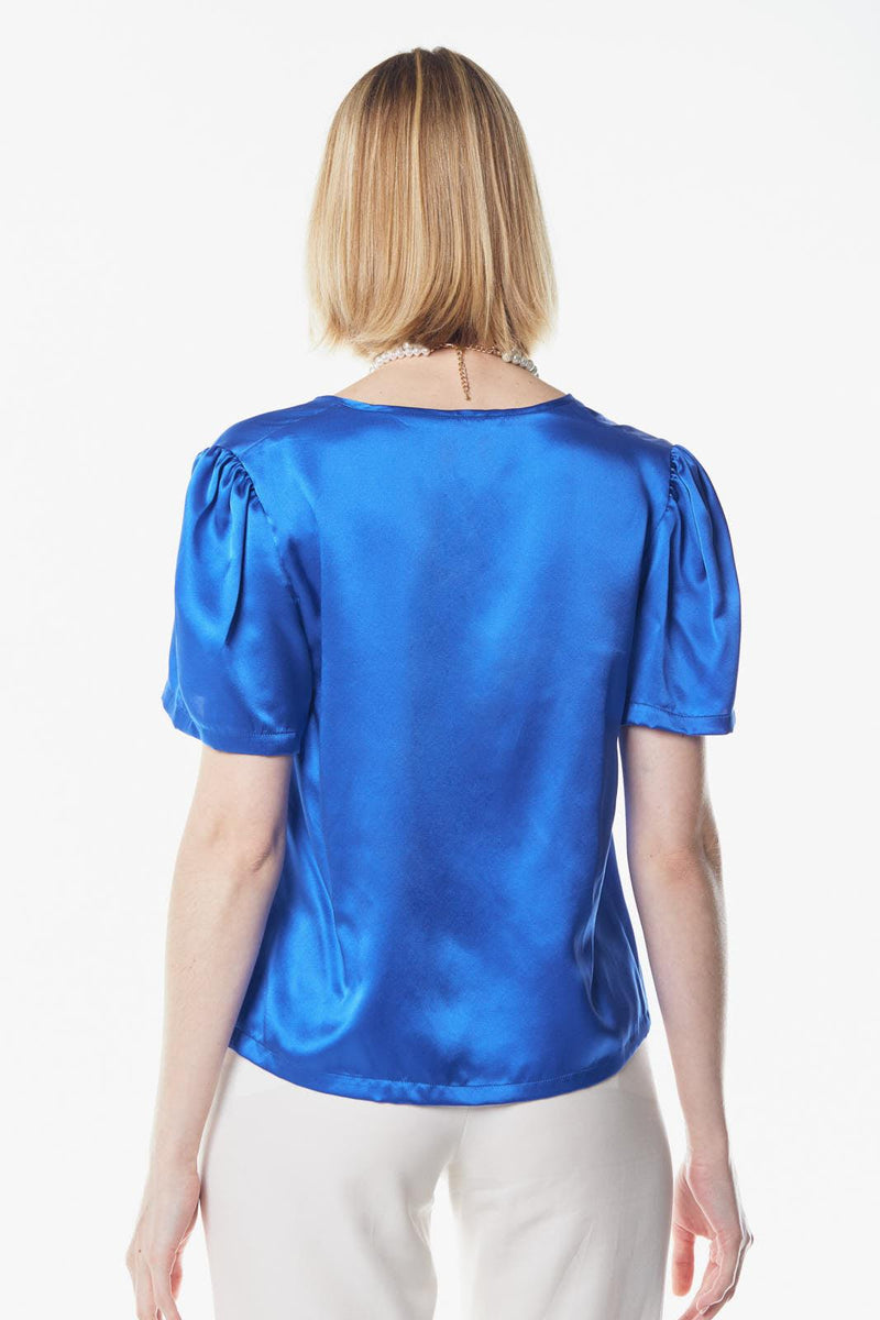 Le Réussi Women's Blouse Shining V-Neck Blouse in Blue Silk | Le Réussi
