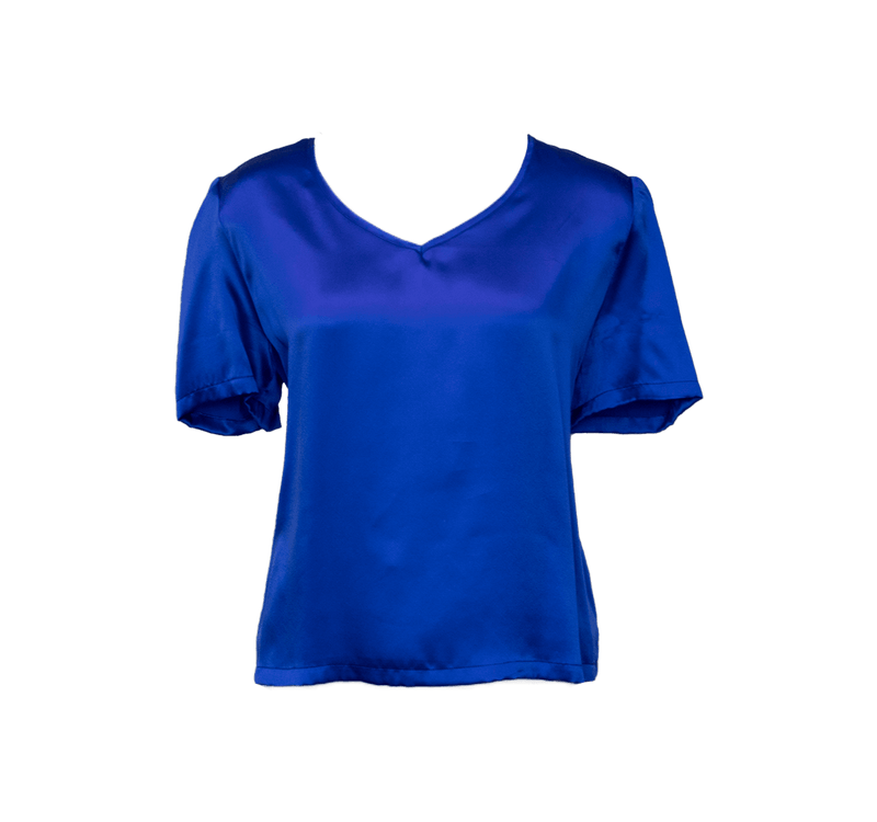 Le Réussi Women's Blouse Shining V-Neck Blouse in Blue Silk | Le Réussi