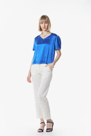 Le Réussi Women's Blouse Shining V-Neck Blouse in Blue Silk | Le Réussi