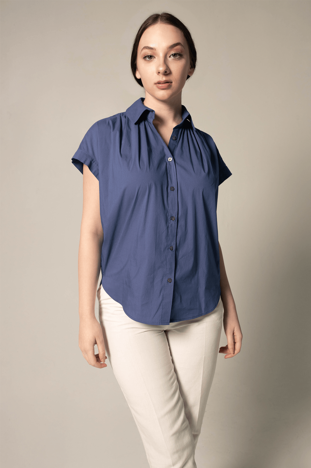Le Réussi Women's Blouse Women's Gather Collar Shirt in Navy | Le Réussi