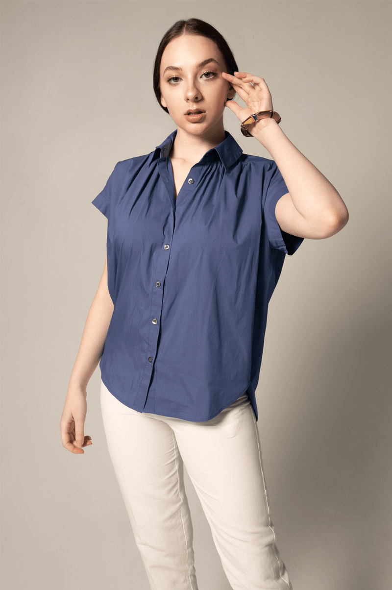 Le Réussi Women's Blouse Women's Gather Collar Shirt in Navy | Le Réussi