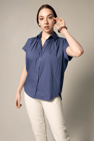 Le Réussi Women's Blouse Women's Gather Collar Shirt in Navy | Le Réussi