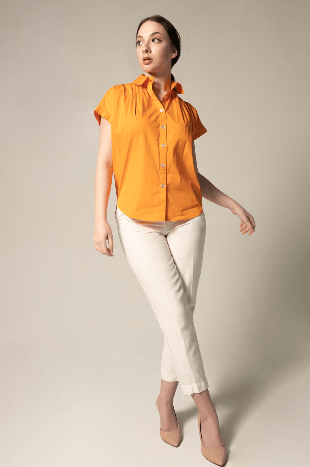 Le Réussi Women's Blouse Women's Gather Collar Shirt in Orange | Le Réussi