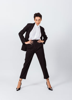 Le Réussi Women's Pants & Trousers Power Woman- Black/White Pinned Stripes Linen Pants | Le Réussi