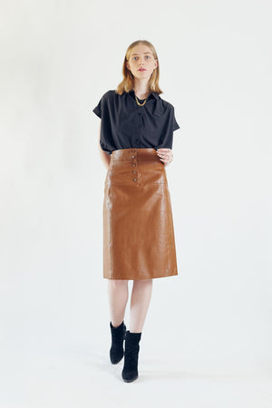 Le Réussi Women's Skirt Glossy Brown Vegan Leather Pencil Skirt