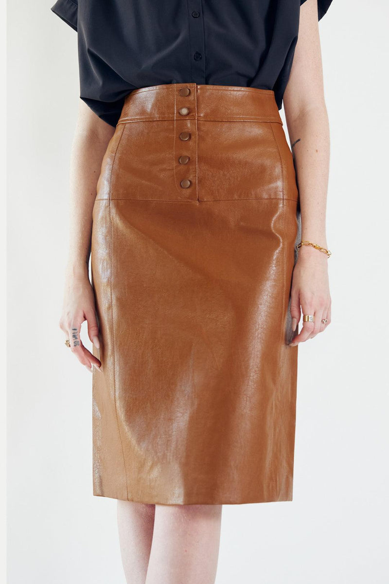 Le Réussi Women's Skirt Glossy Brown Vegan Leather Pencil Skirt