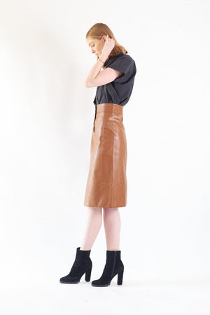 Le Réussi Women's Skirt Glossy Brown Vegan Leather Pencil Skirt