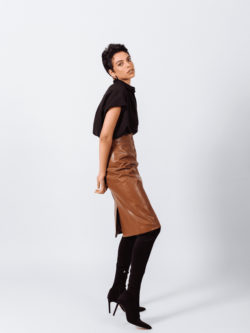 Le Réussi Women's Skirt Glossy Brown Vegan Leather Pencil Skirt