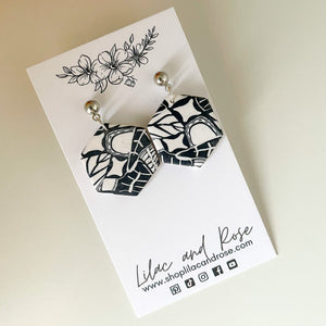 Lilac and Rose Black and White Pattern Black Hexagon Earrings