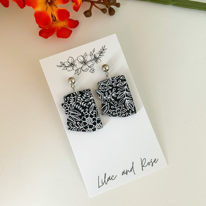 Lilac and Rose Black Floral with Silver Green Floral Arizona Earrings