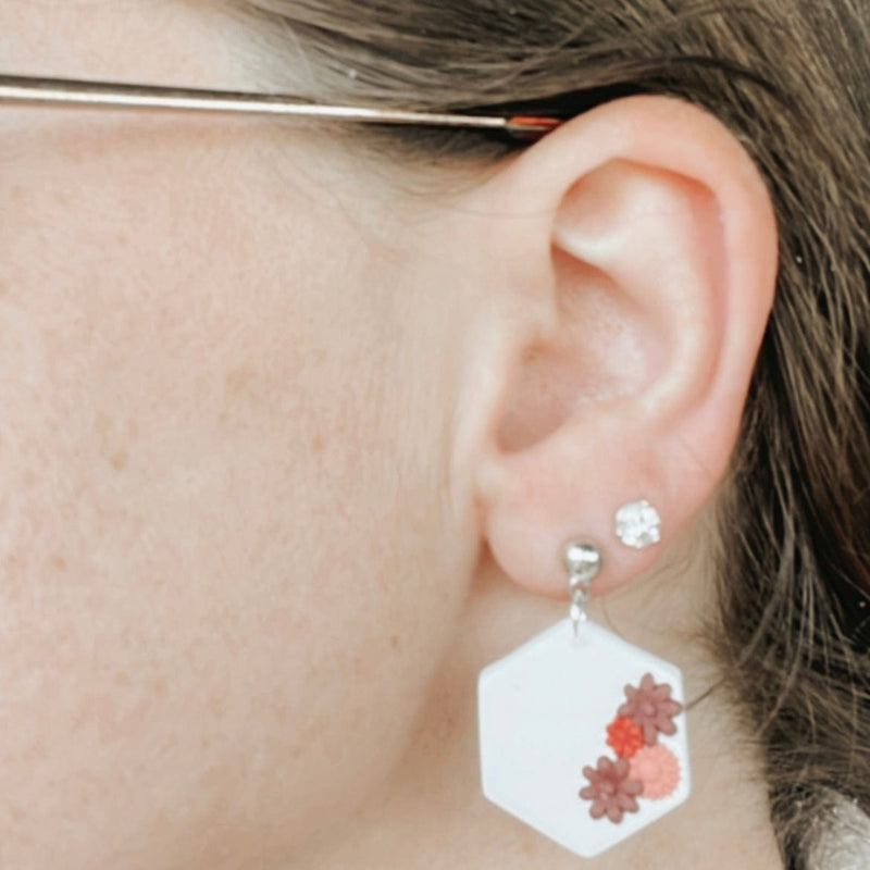 Lilac and Rose Black Hexagon Earrings