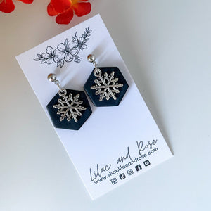 Lilac and Rose Black Snowflakes Black Hexagon Earrings