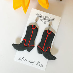 Lilac and Rose Black with Red Cowboy Boot Earrings