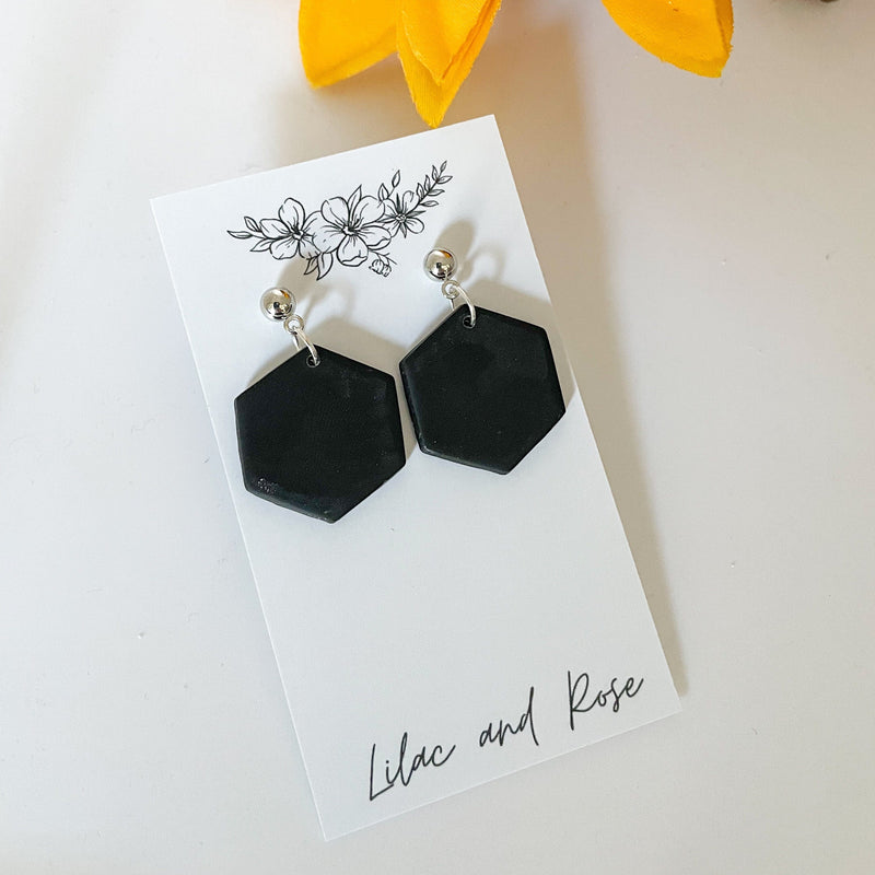Lilac and Rose Black with Silver Black Hexagon Earrings