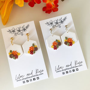 Lilac and Rose Fall Florals with Gold Black Hexagon Earrings