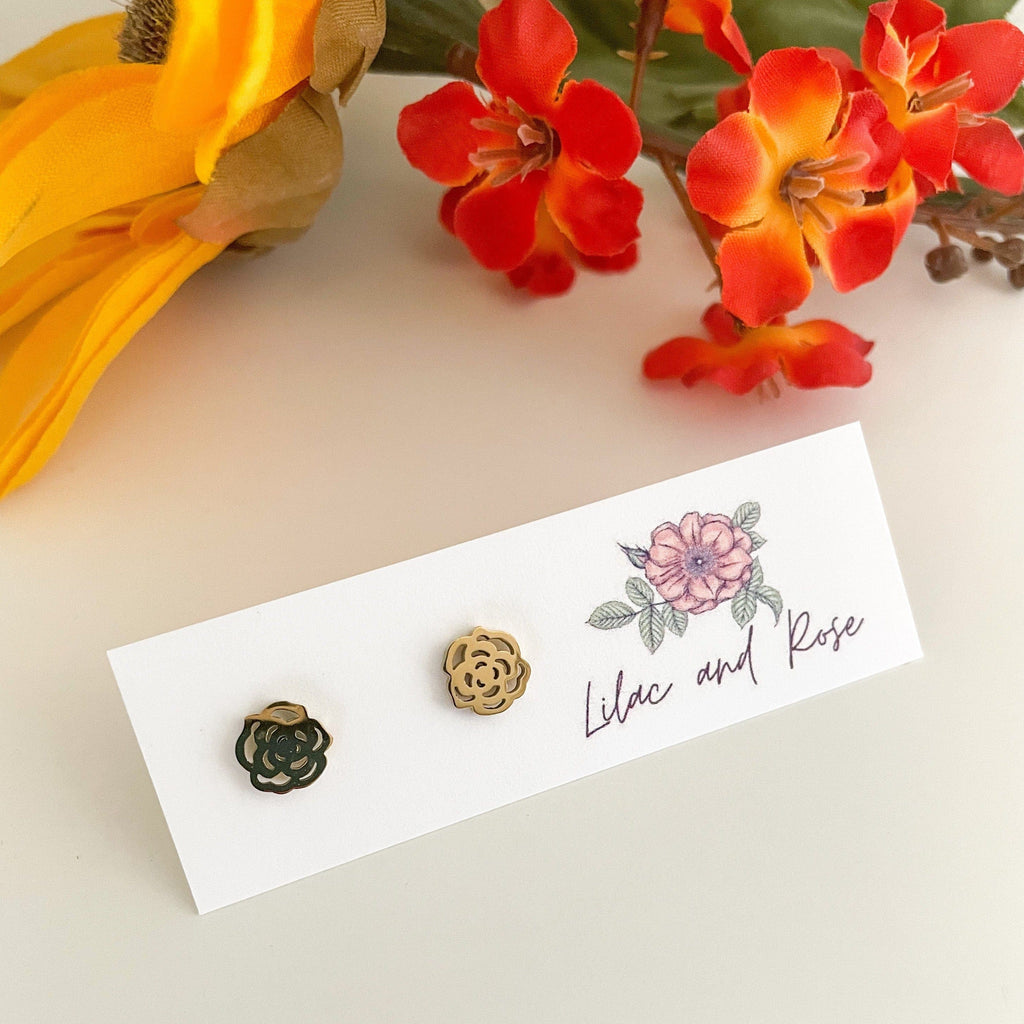 Lilac and Rose Gold Rose Stud Earrings in Silver or Gold