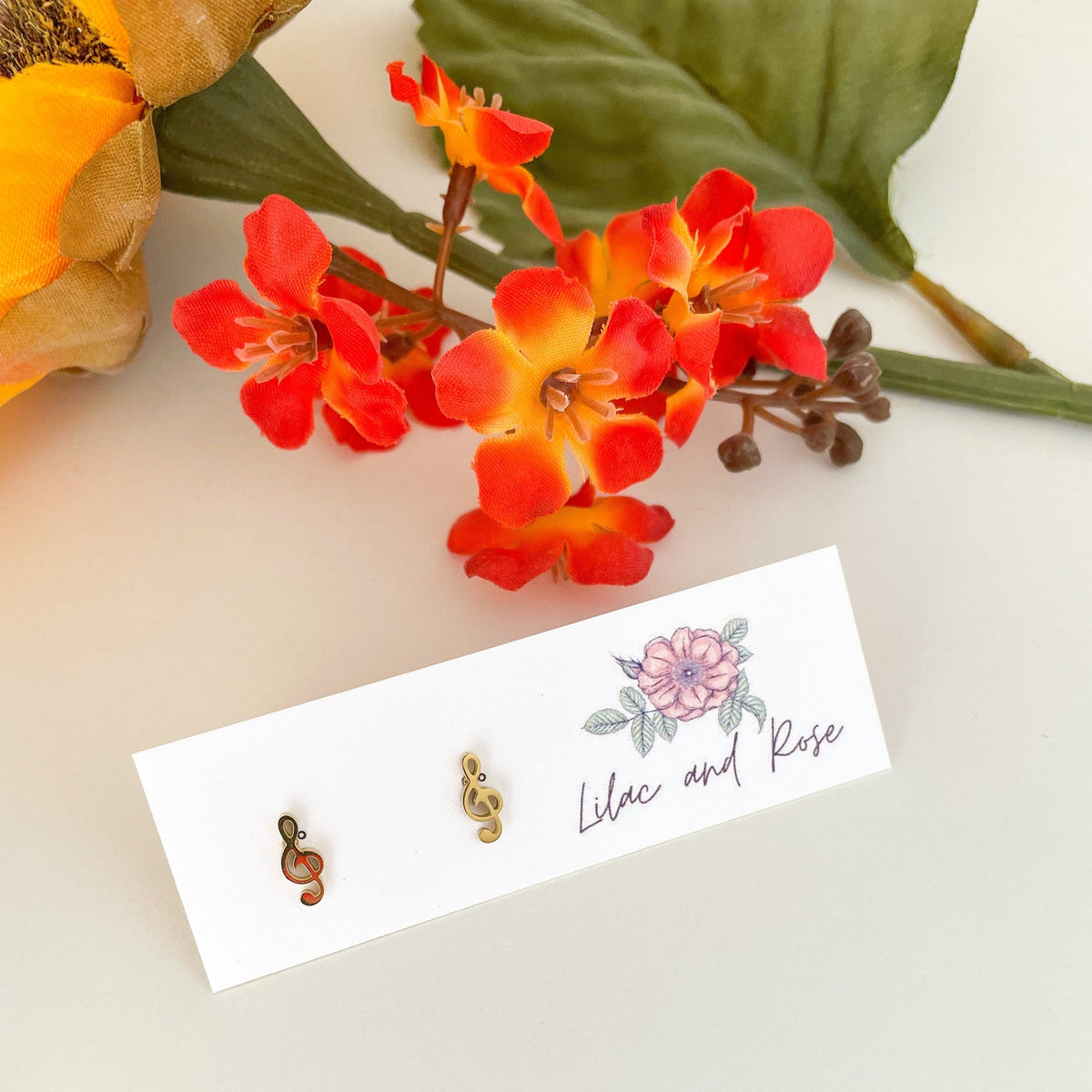 Lilac and Rose Gold Treble Clef Stud Earrings in Silver or Gold