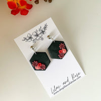Lilac and Rose Red Florals in Black Black Hexagon Earrings