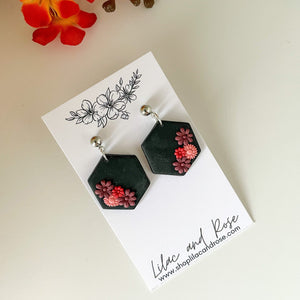 Lilac and Rose Red Florals in Black Black Hexagon Earrings