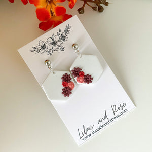 Lilac and Rose Red Florals in White Black Hexagon Earrings