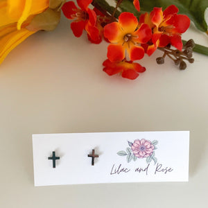 Lilac and Rose Silver Cross Stud Earrings