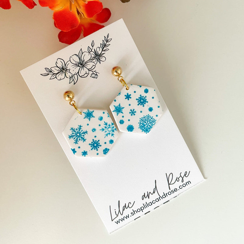 Lilac and Rose Snowflakes with Gold Black Hexagon Earrings