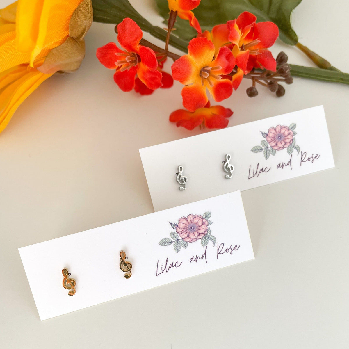 Lilac and Rose Treble Clef Stud Earrings in Silver or Gold